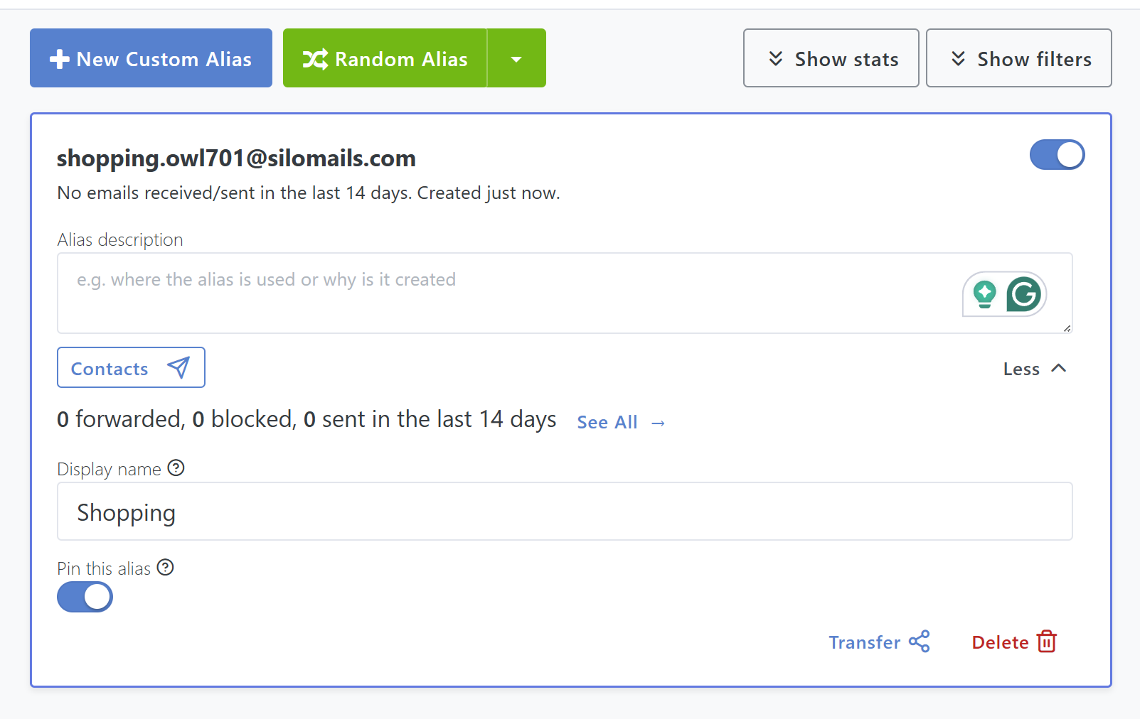 SimpleLogin alias dashboard for shopping alias.