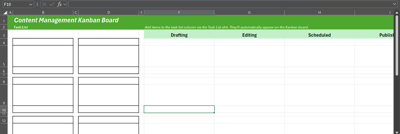 Six task cards and four work stage columns in Excel