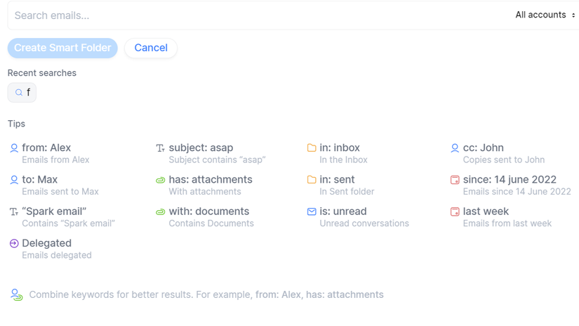 Spark Mail keywords tips for Smart Folders.