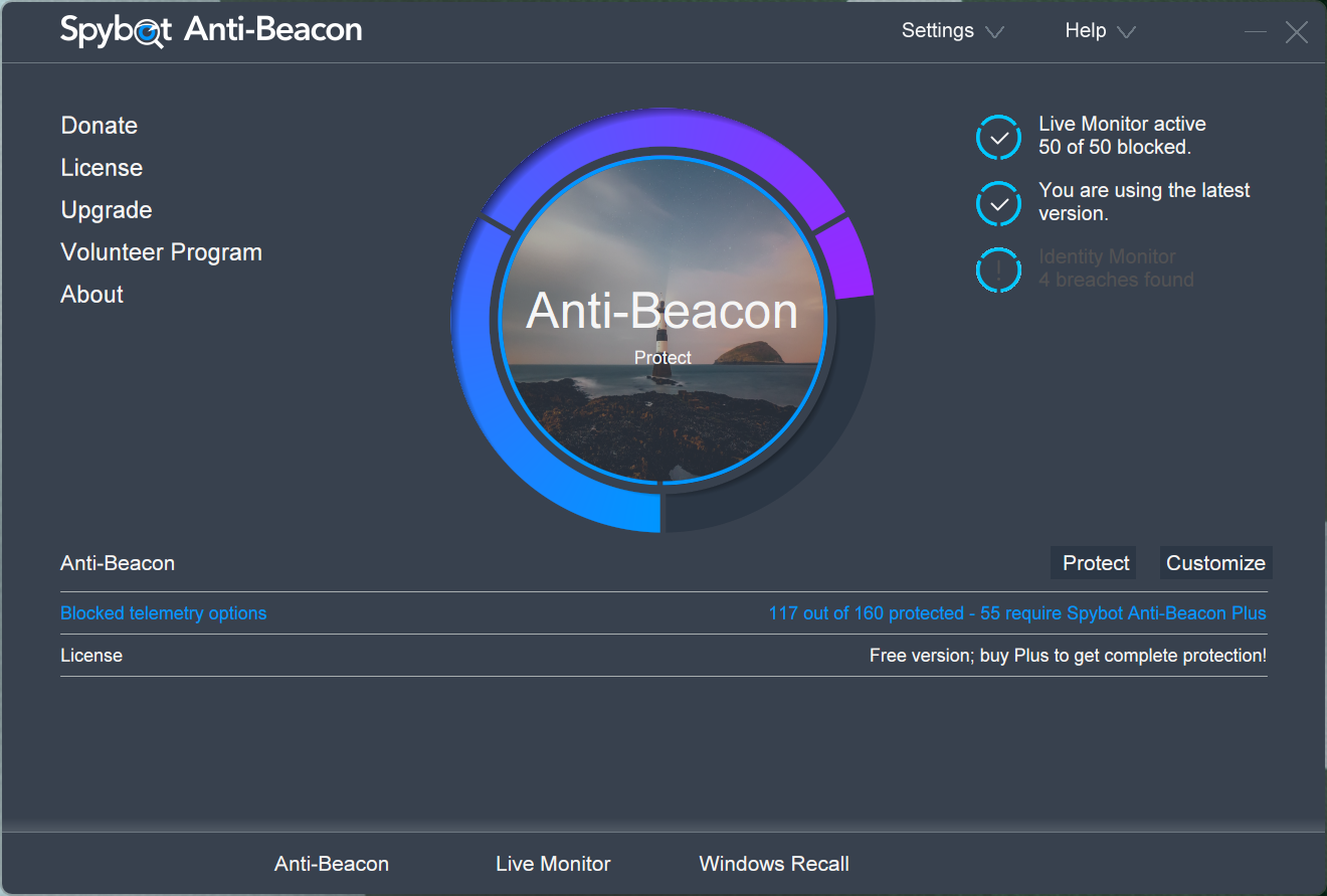 Spybot Anti-Beacon dashboard showing 117 immunizers enabled.