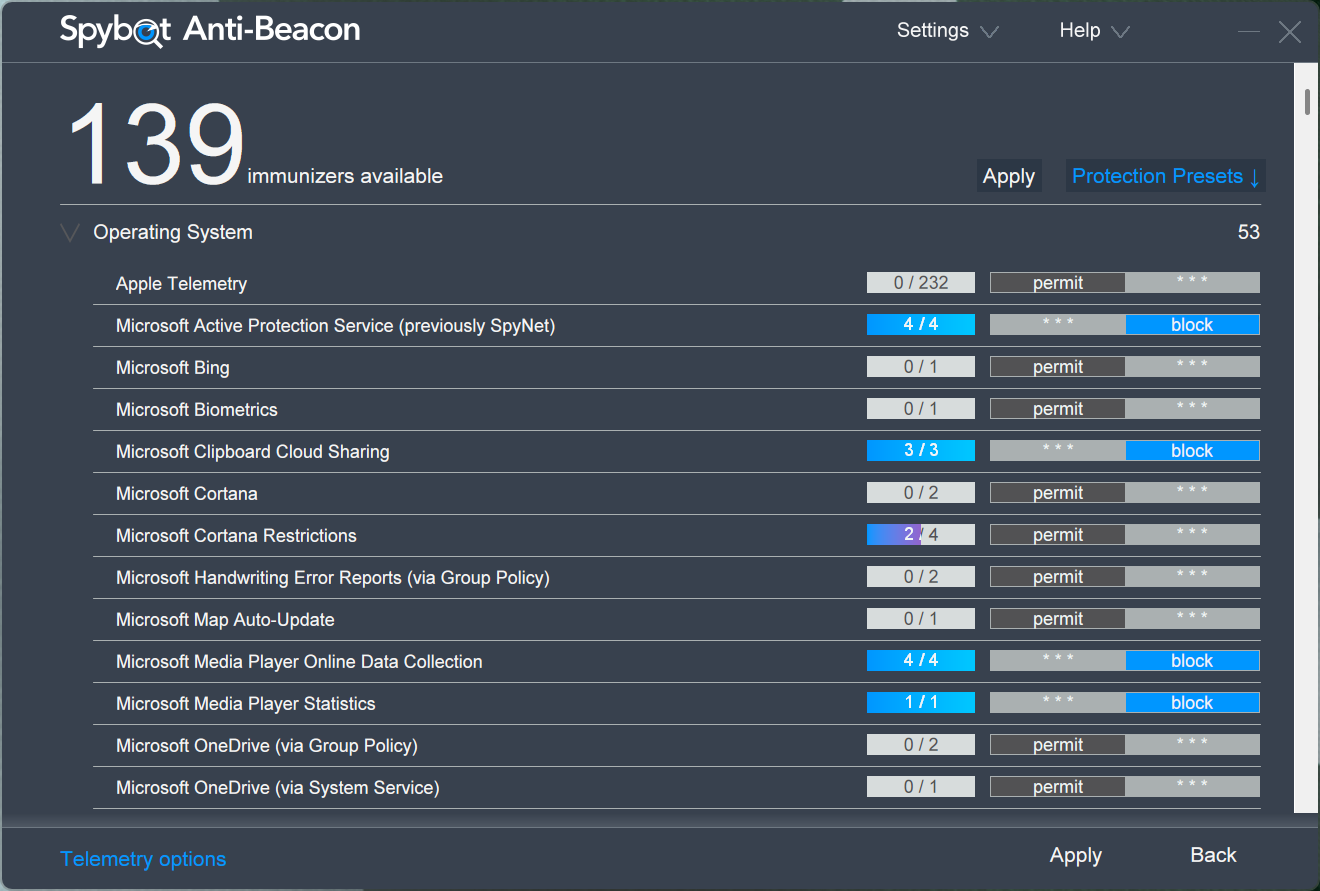 Spybot Anti-Beacon showing 139 immunizers available.