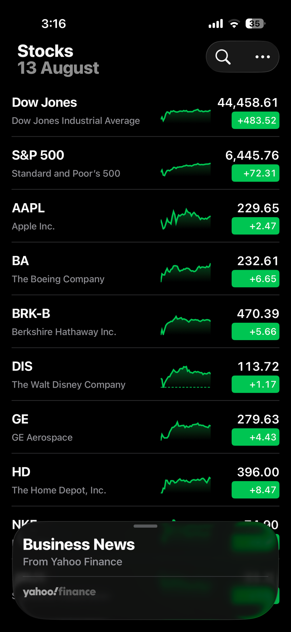 Stocks app home page on iPhone