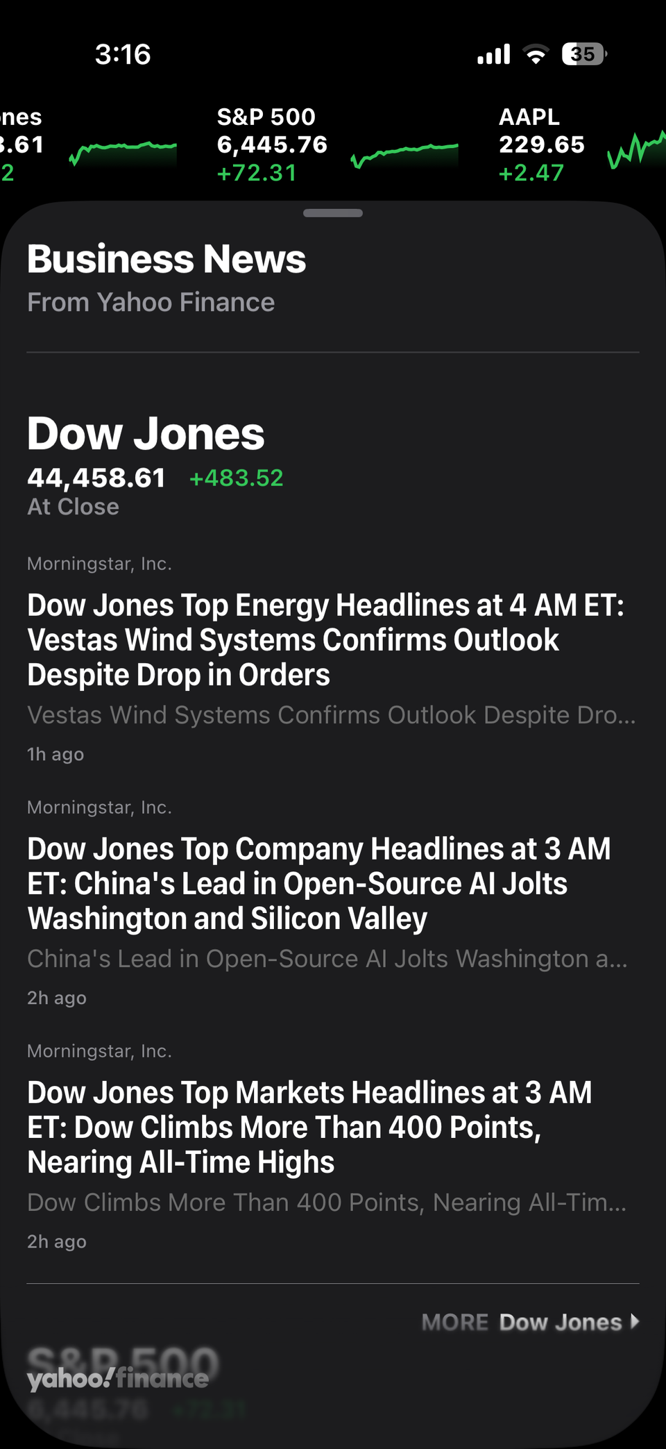 Stocks app news page on iPhone