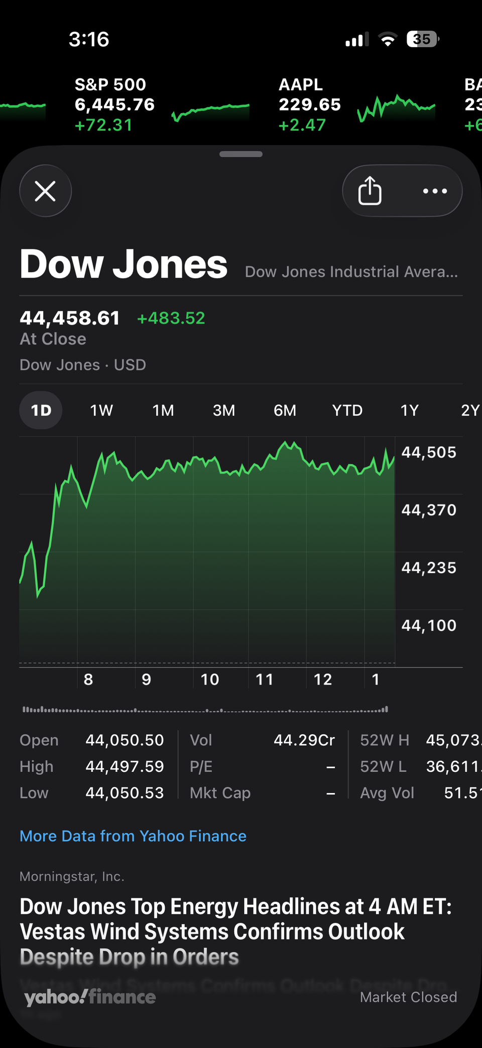 Stocks app showing Dow Jones chart on iPhone