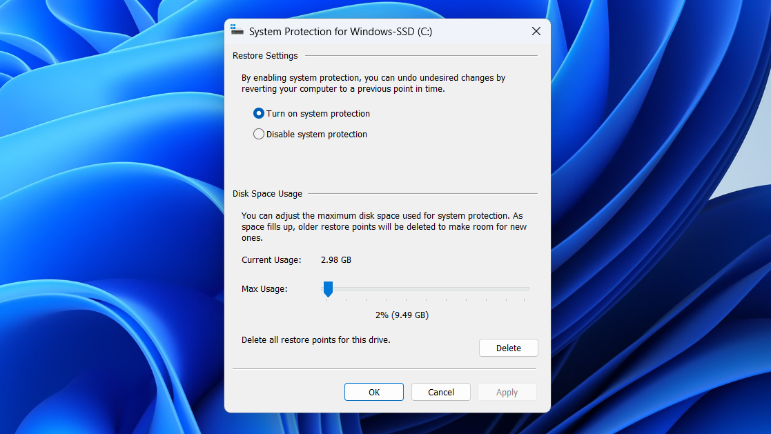 System Protection window showing storage a limit for restore points