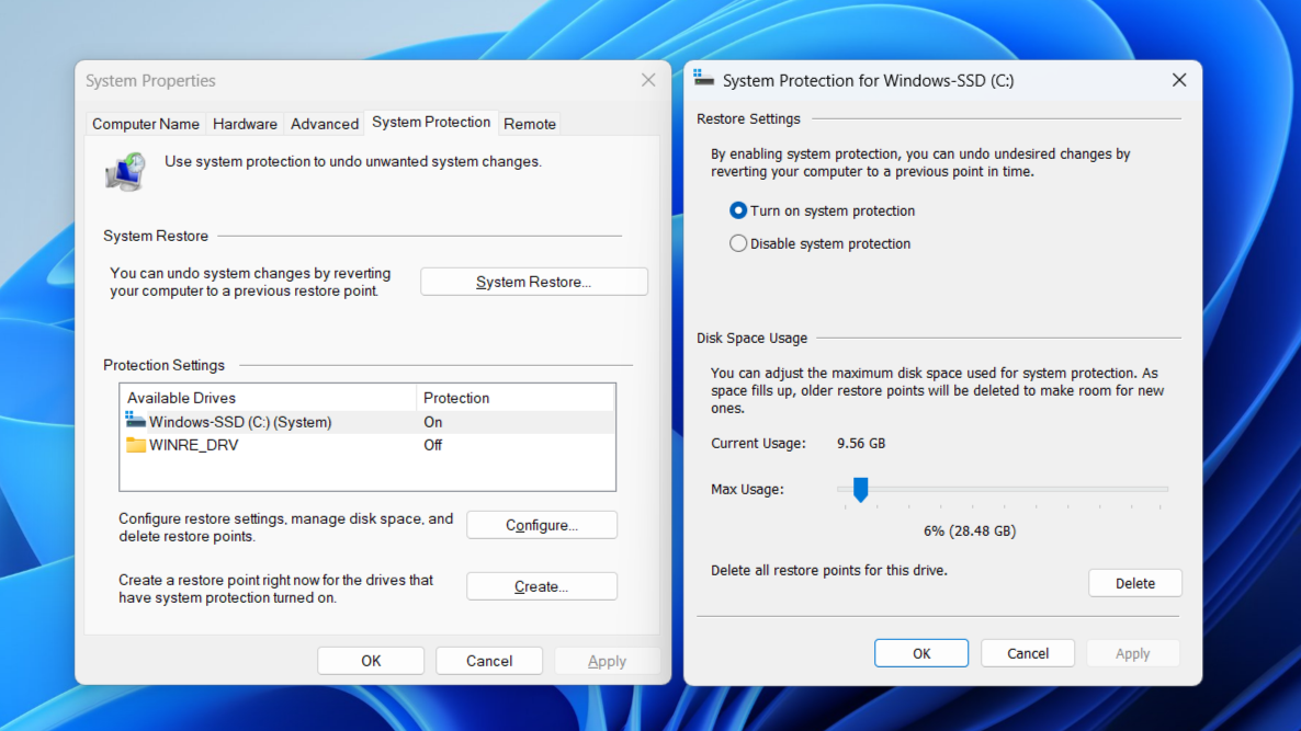 System Protection window showing storage used by restore points