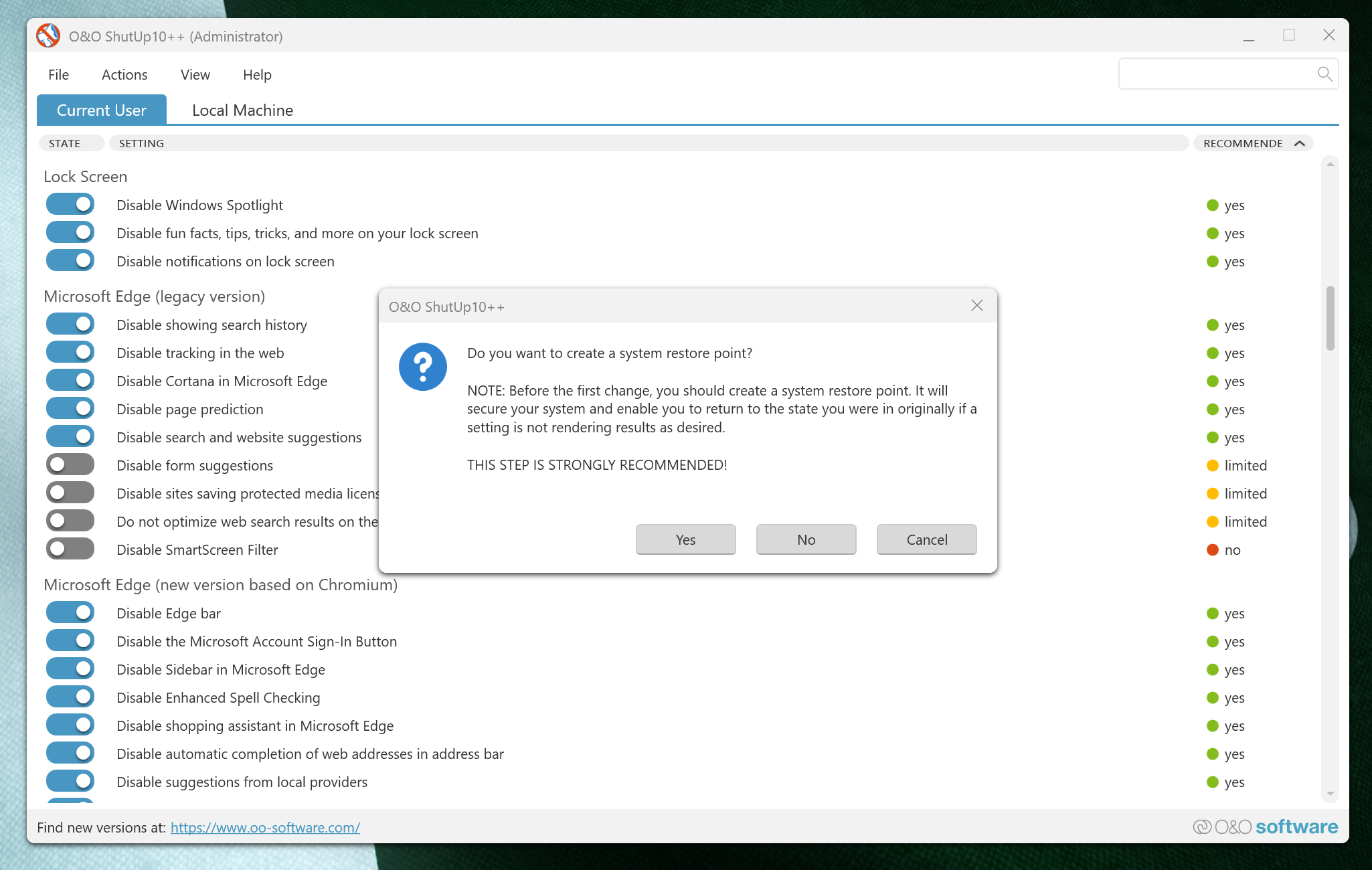 System restore point dialog box in O&O ShutUp10++.