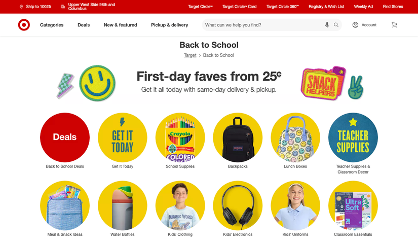 Target's Back to School section showing different item categories