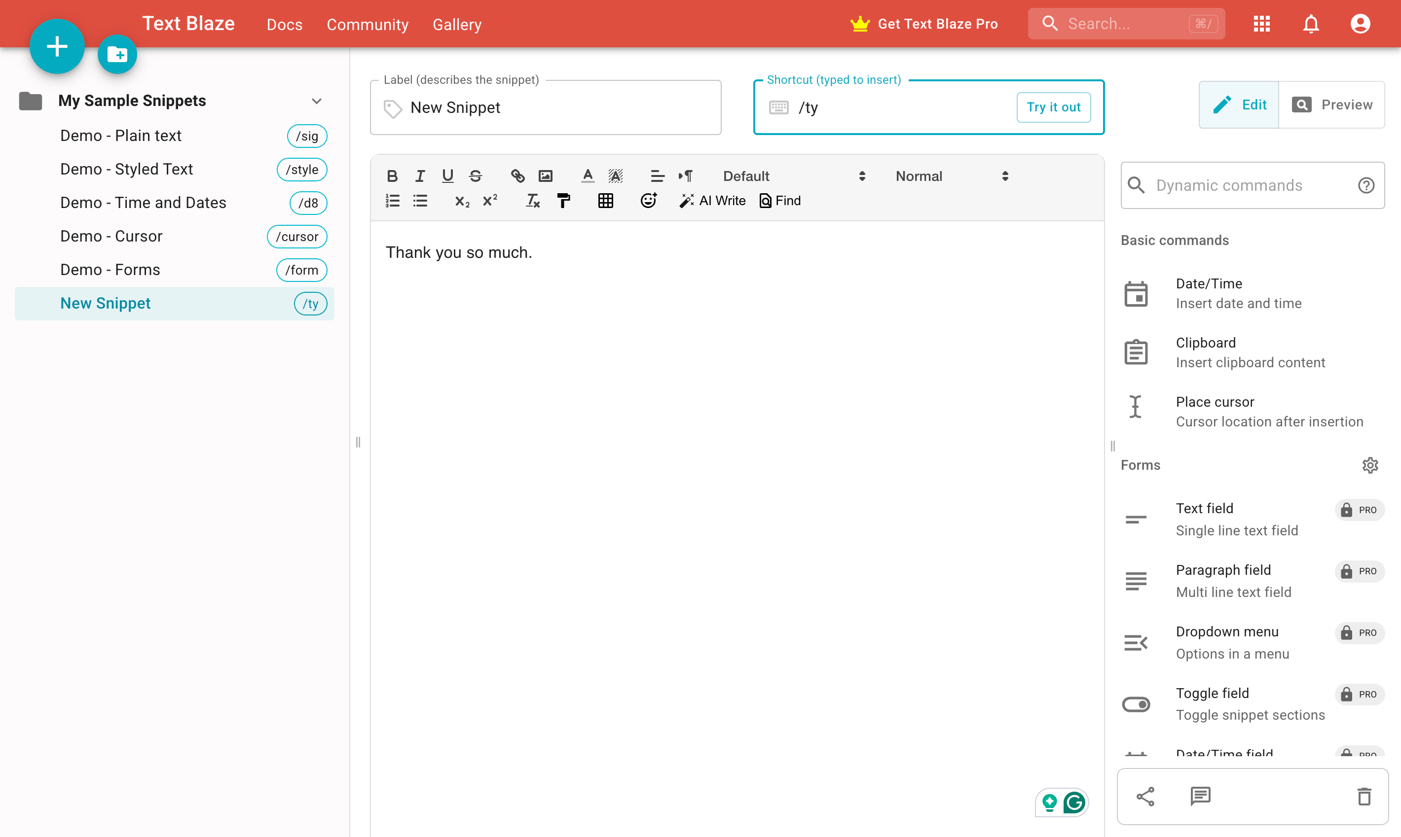 Text Blaze Dashboard showing available snippets 