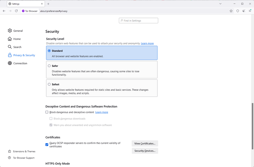 The 3 security levels on the Tor browser