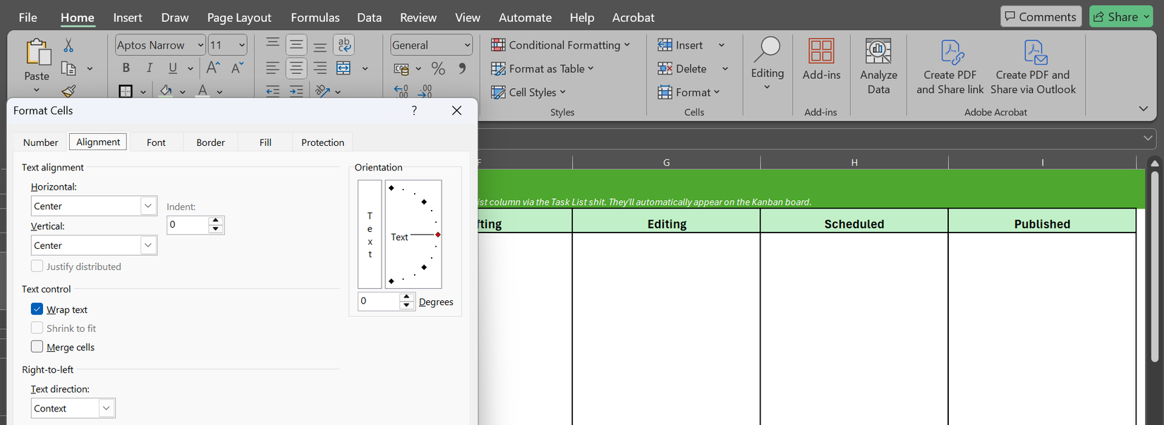 The Alignment tab open in the Format Cells box in Excel