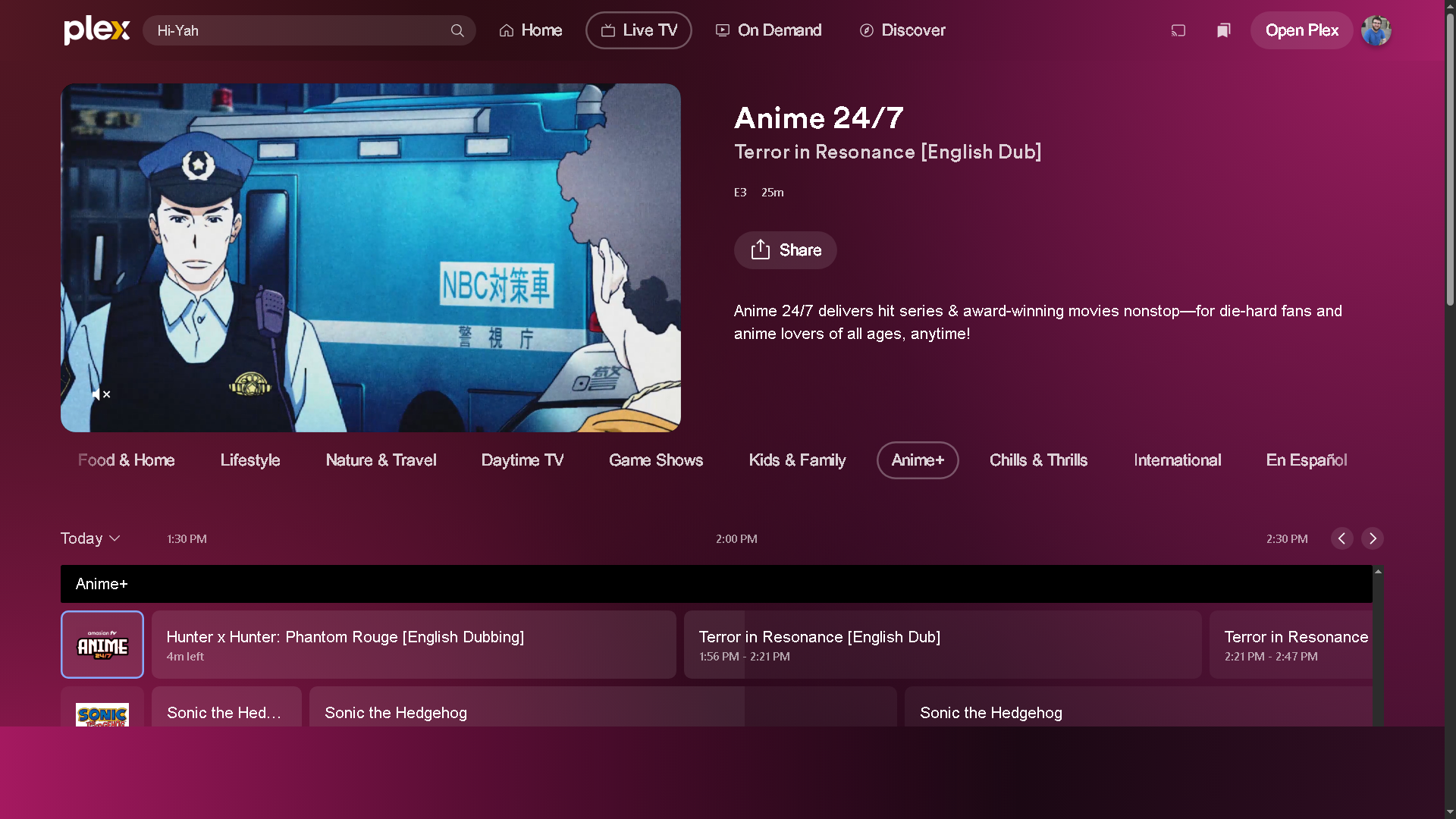 The anime Hunter x Hunter playing on the Anime 24 7 TV channel on Plex
