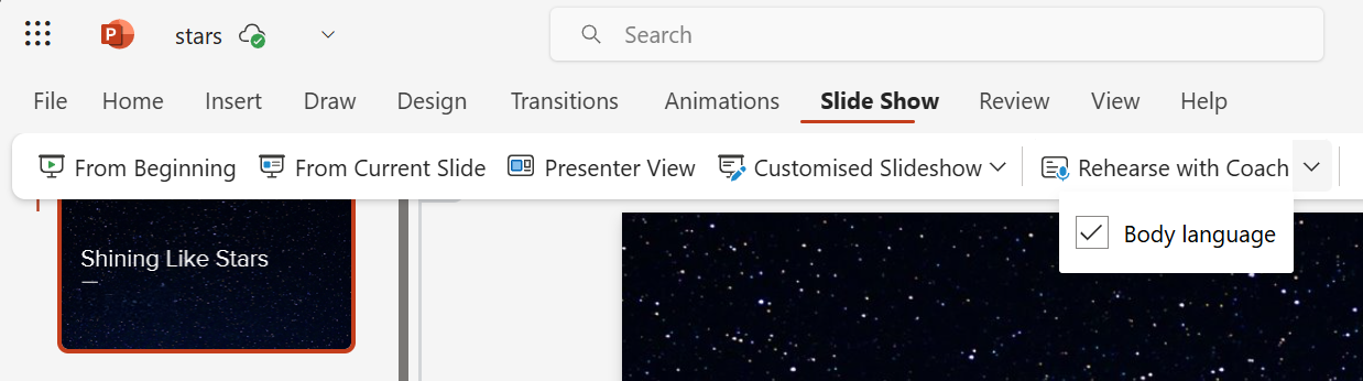 The Body Language option under Rehearse with Coach on Powerpoint for the web