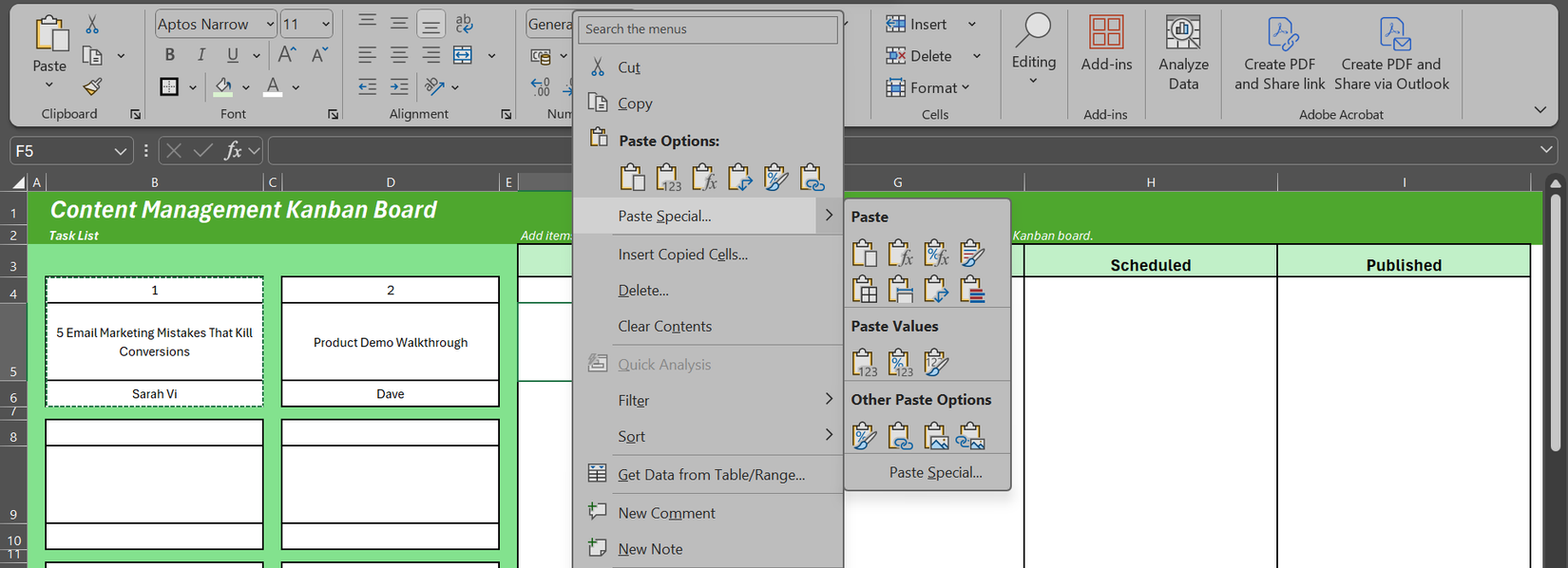 The cell settings bar open in Excel with the Paste options extended