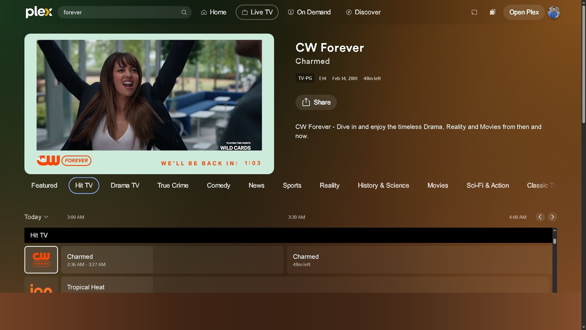 The CW Forever live TV channel in Plex's TV Guide