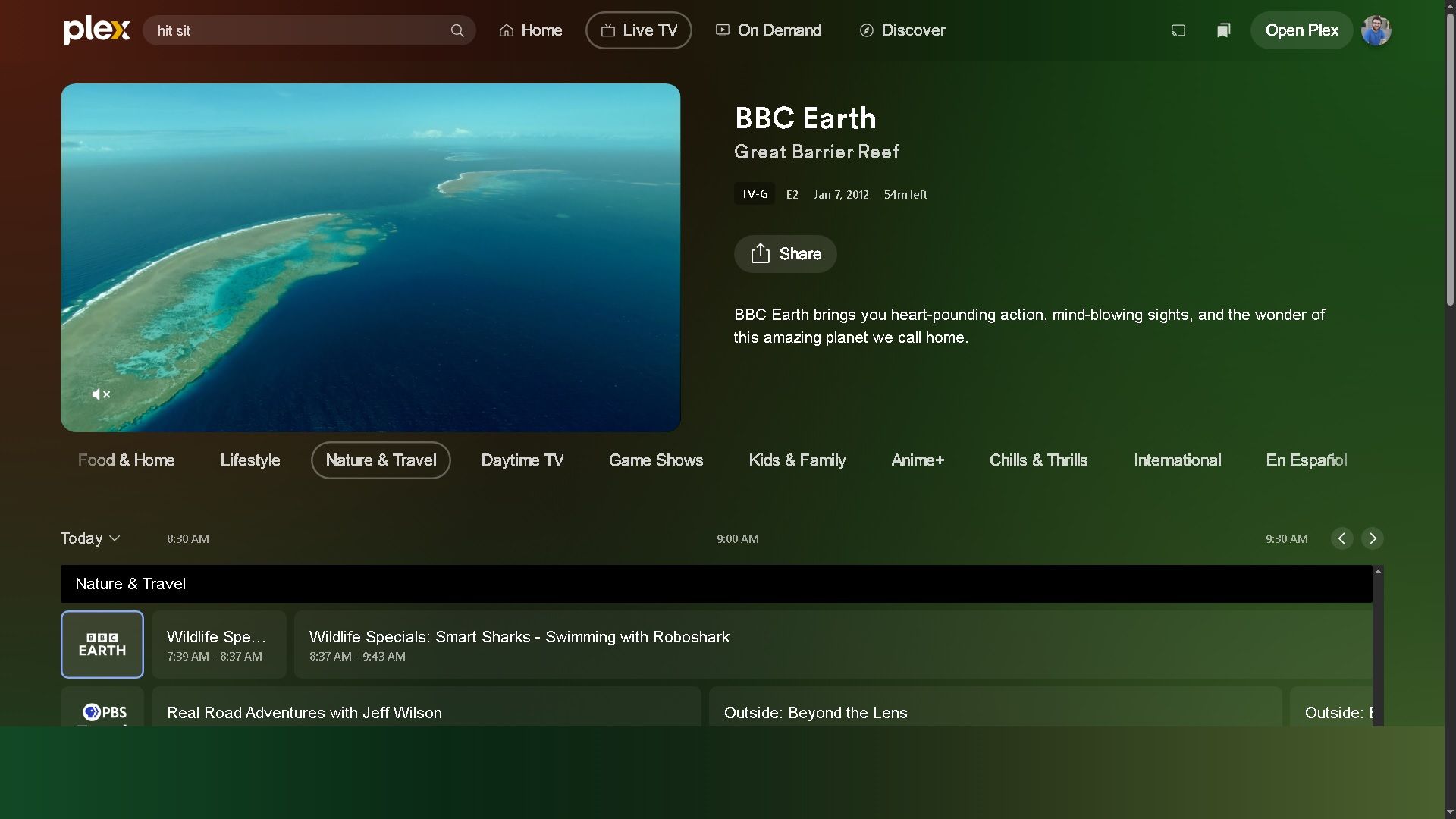 The documentary Great Barrier Reef broadcast on the Plex TV channel BBC Earth
