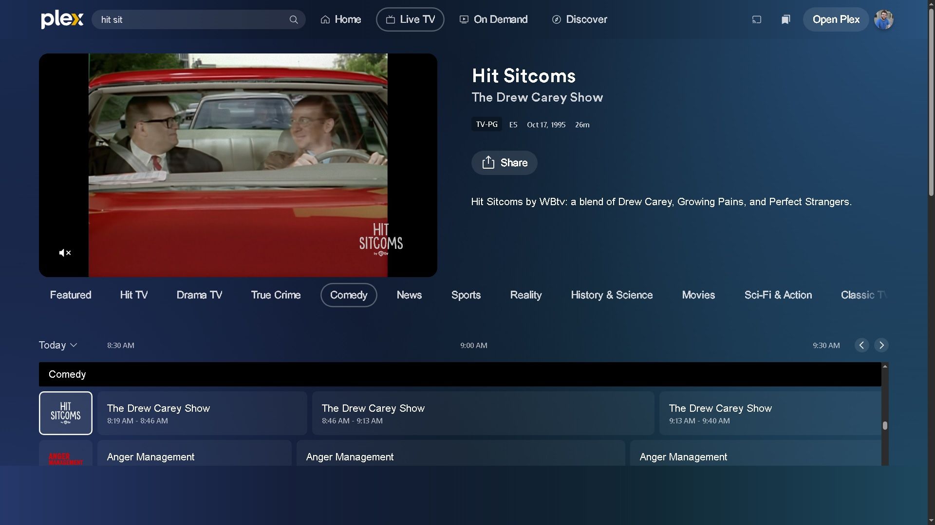 The Drew Carey Show playing in a small window of Plex's TV guide
