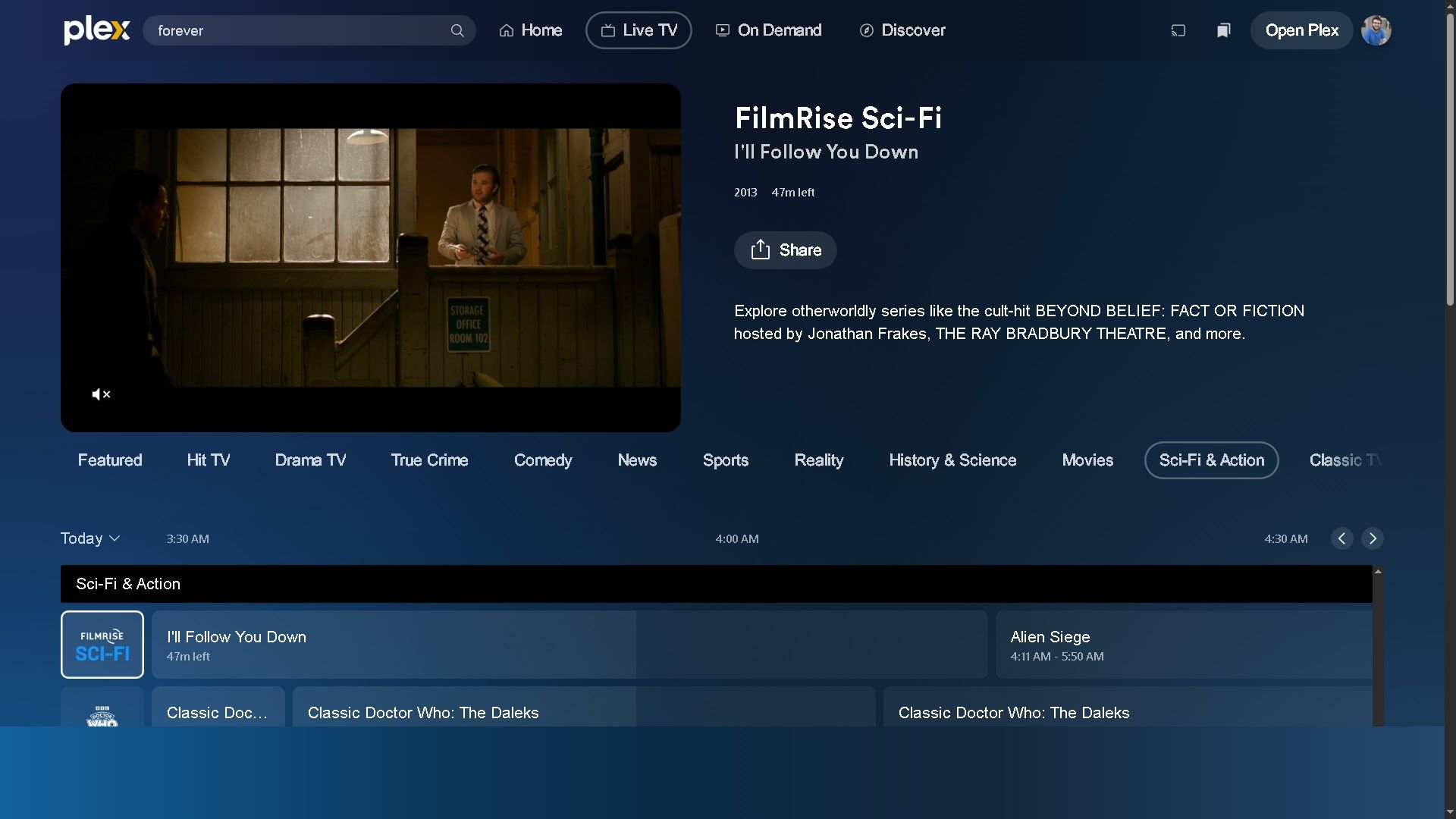 The FilmRise Sci-Fi live TV channel in Plex's TV guide