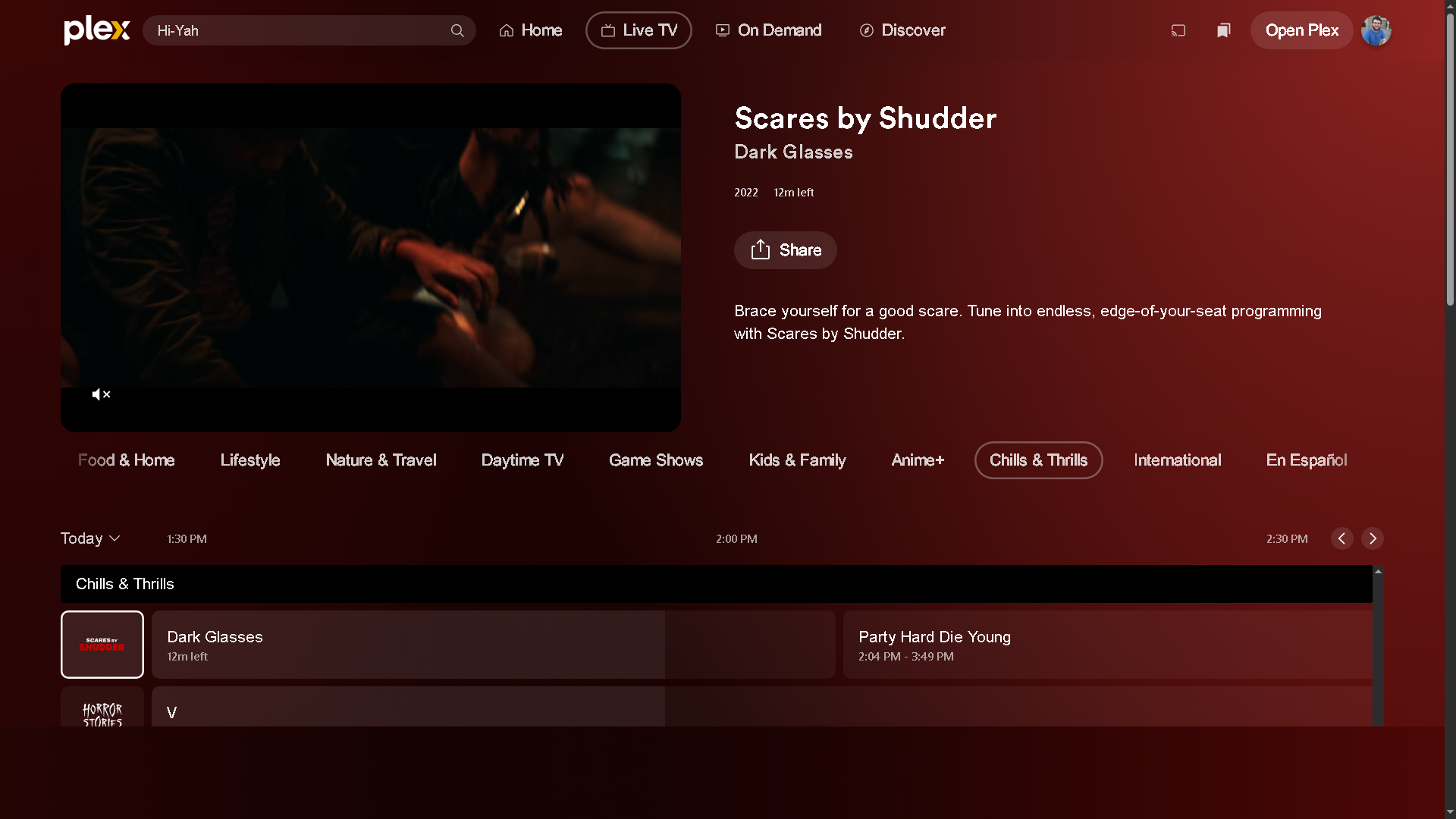 The movie Dark Glasses playing on the Scares by Shudder Plex TV channel
