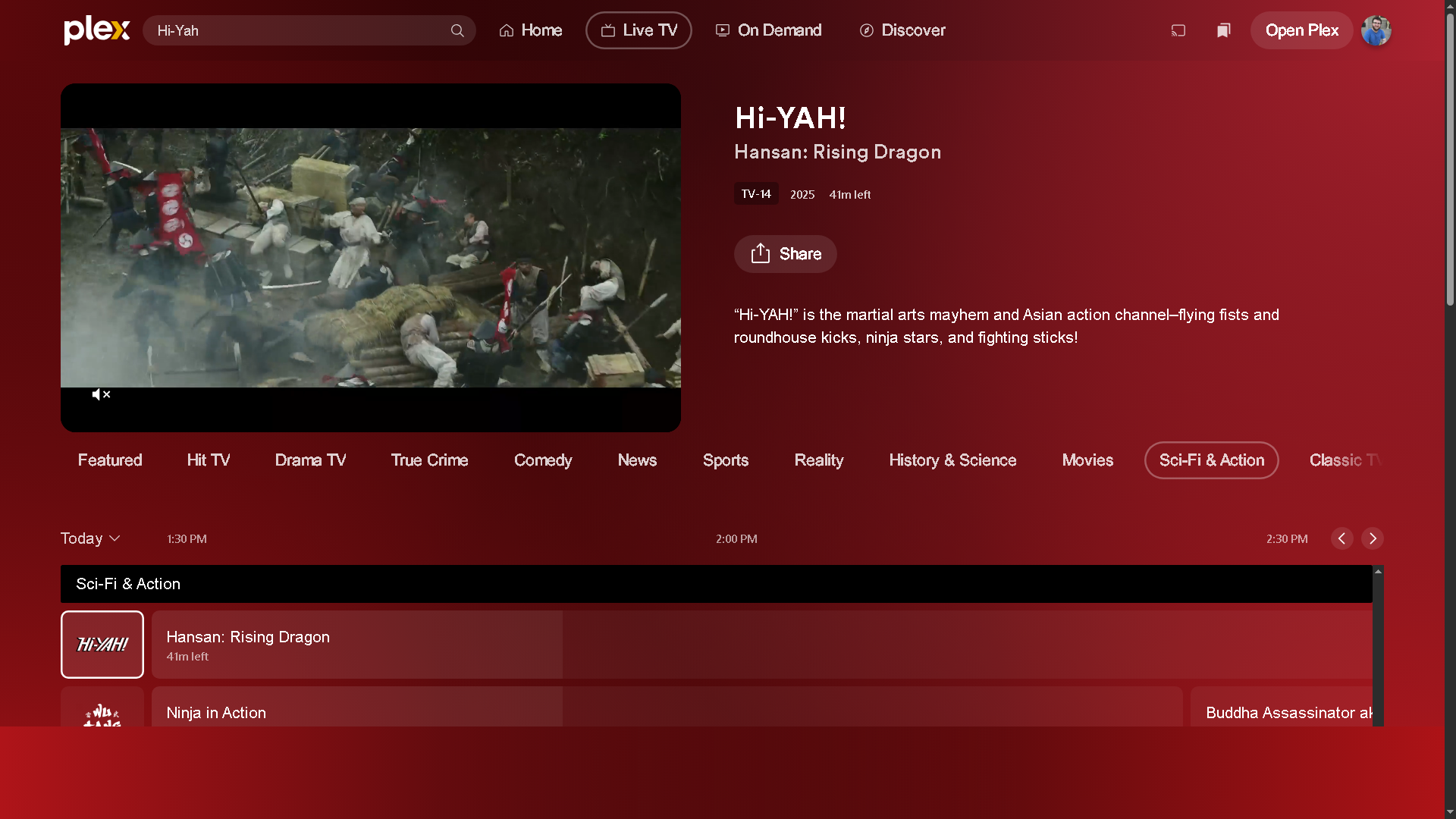 The movie Hansan Rising Dragon playing on the Hi Yah TV channel on Plex