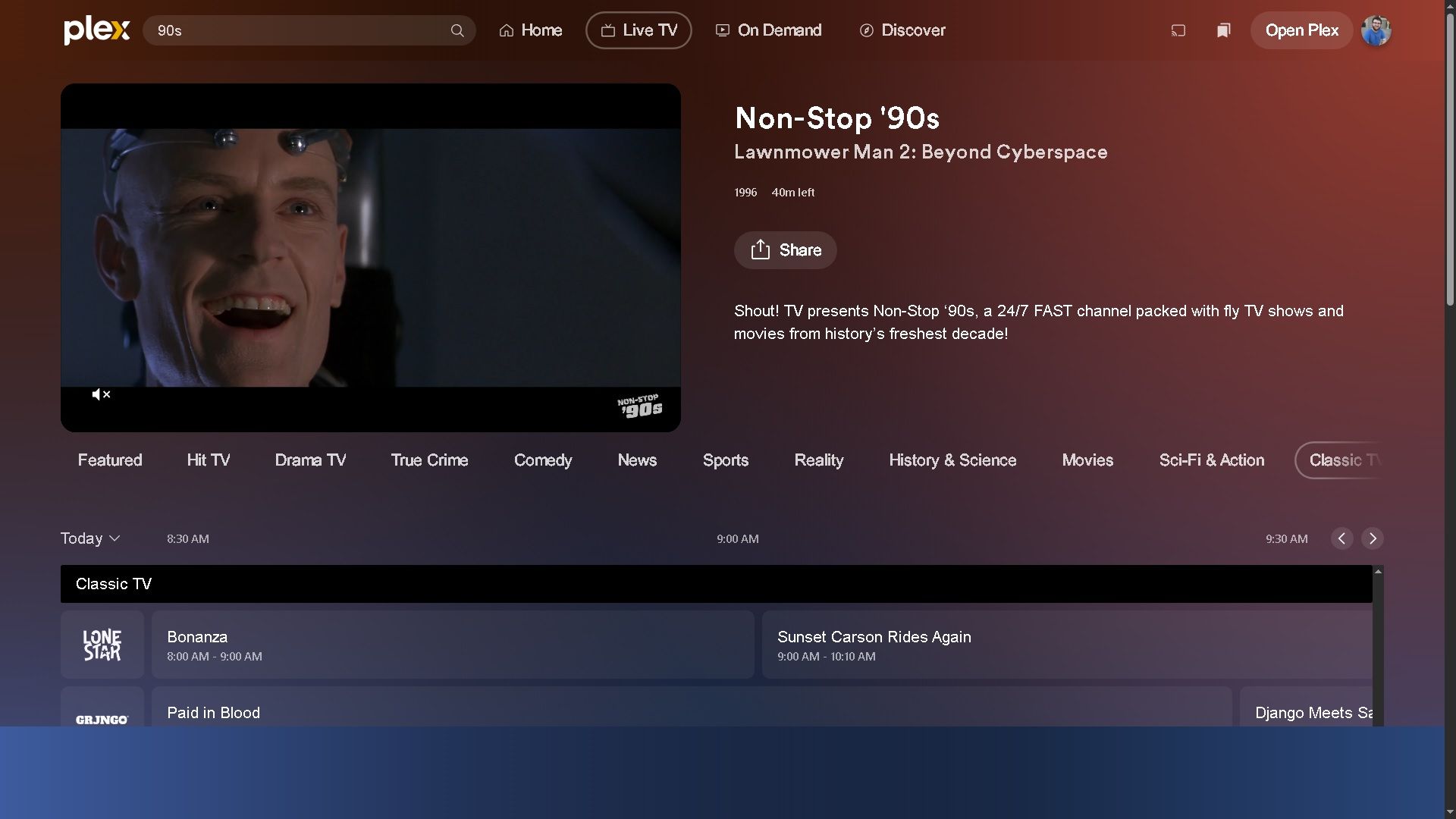 The movie Lawnmower Man 2 Beyond Cyberspace on the Plex live TV channel Non-Stop 90s