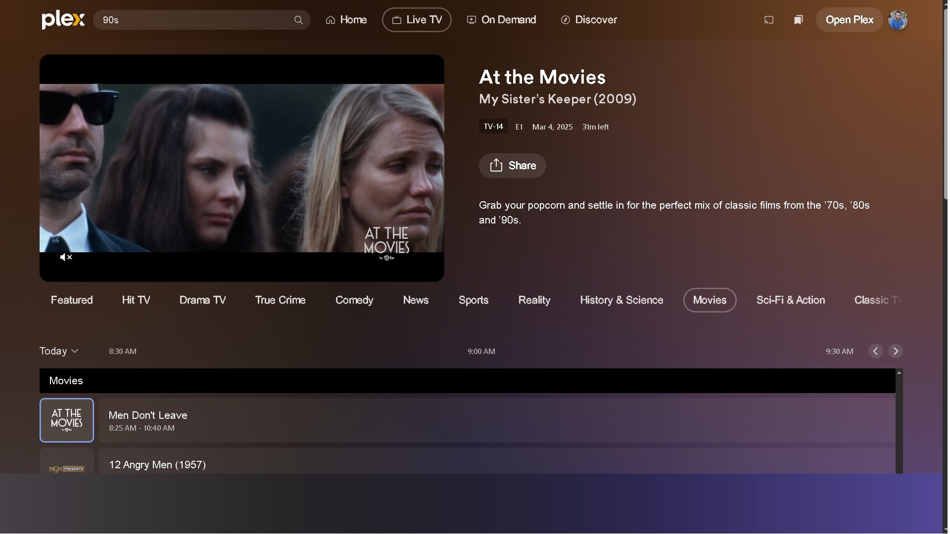 The movie My Sisters Keeper broadcast on the Plex live TV channel At the Movies