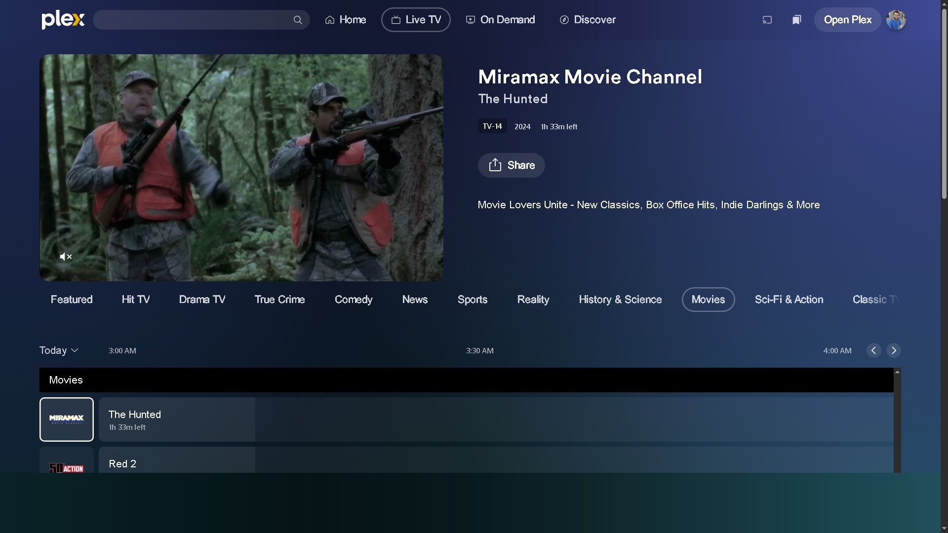 The movie The Hunted broadcast on the Miramax TV channel on Plex