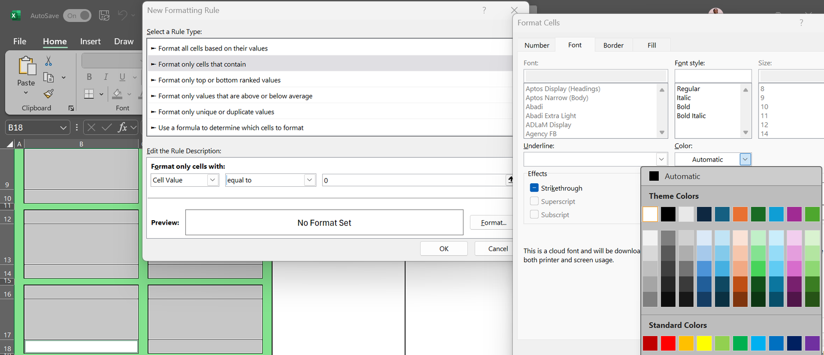 The New Formatting Rule box open alongside the Format Cells box in Excel