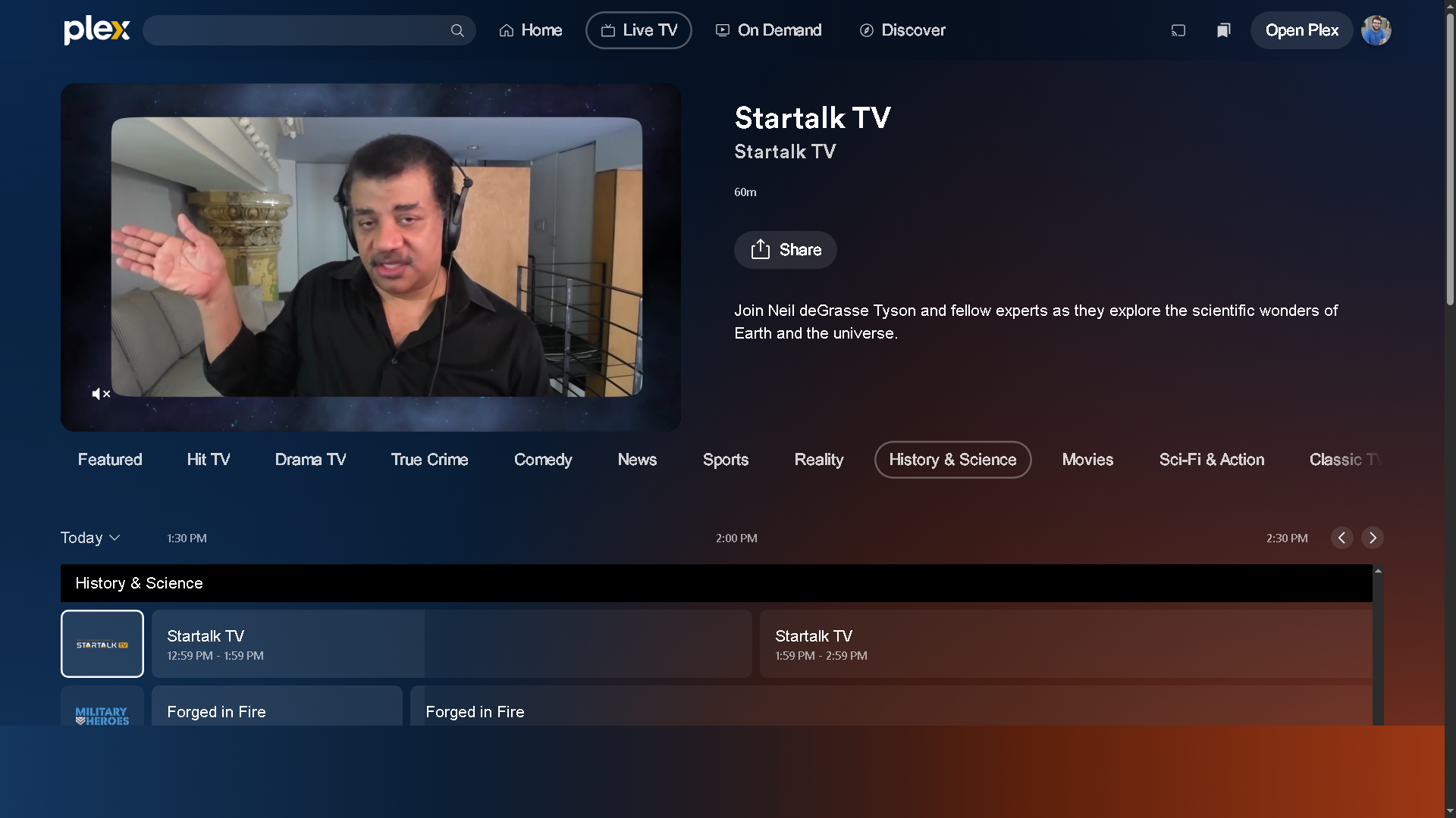 The StarTalk TV channel featured on Plex's Live TV section