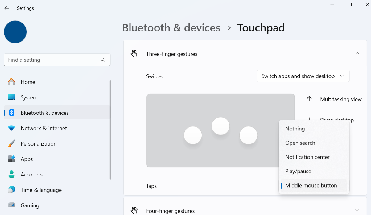 Three finger tap touchpad gesture settings in Windows 11