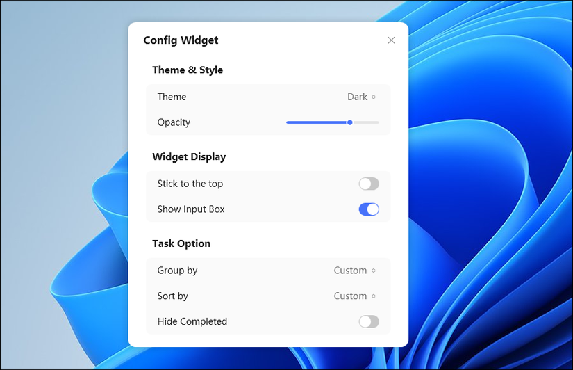 TickTick Desktop task wdigets settings