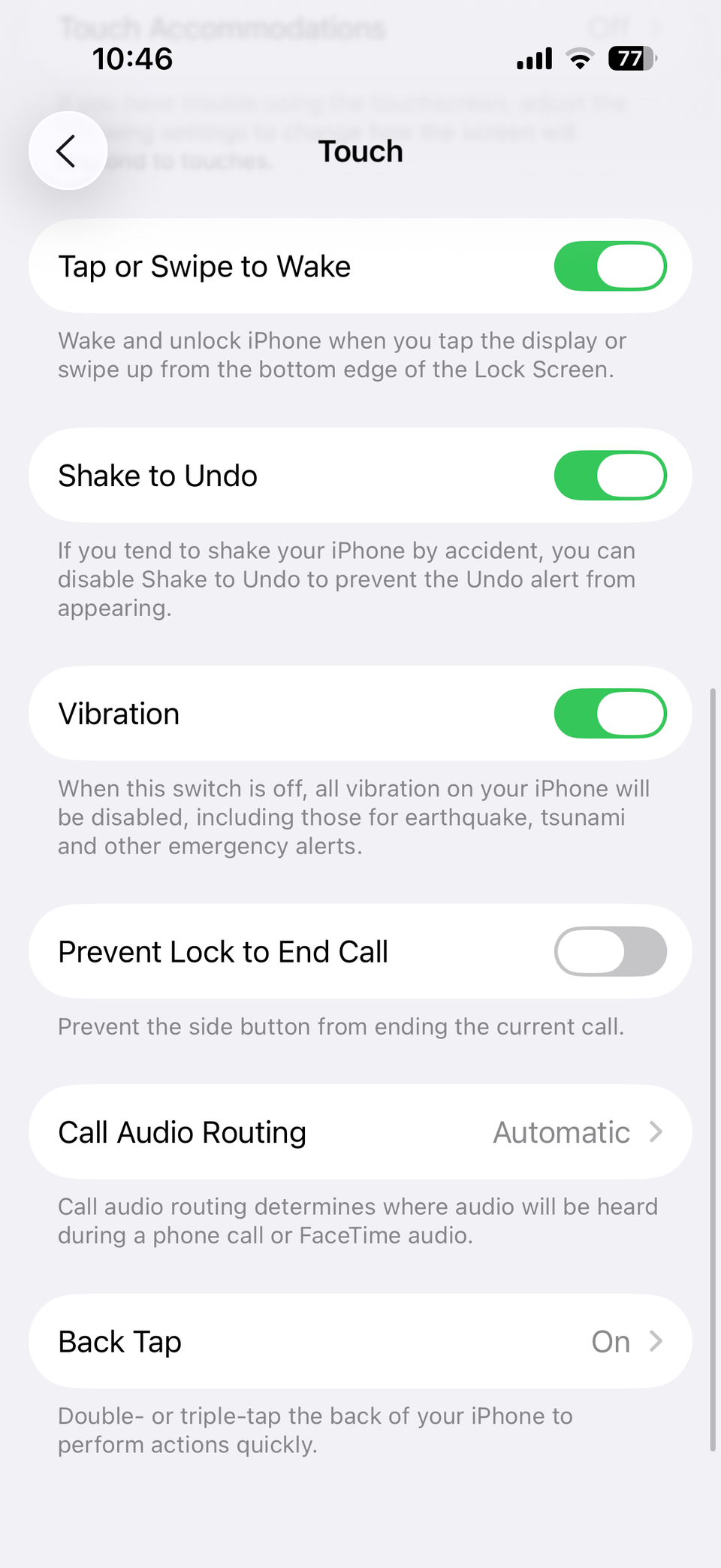 Touch accessibility settings on iPhone