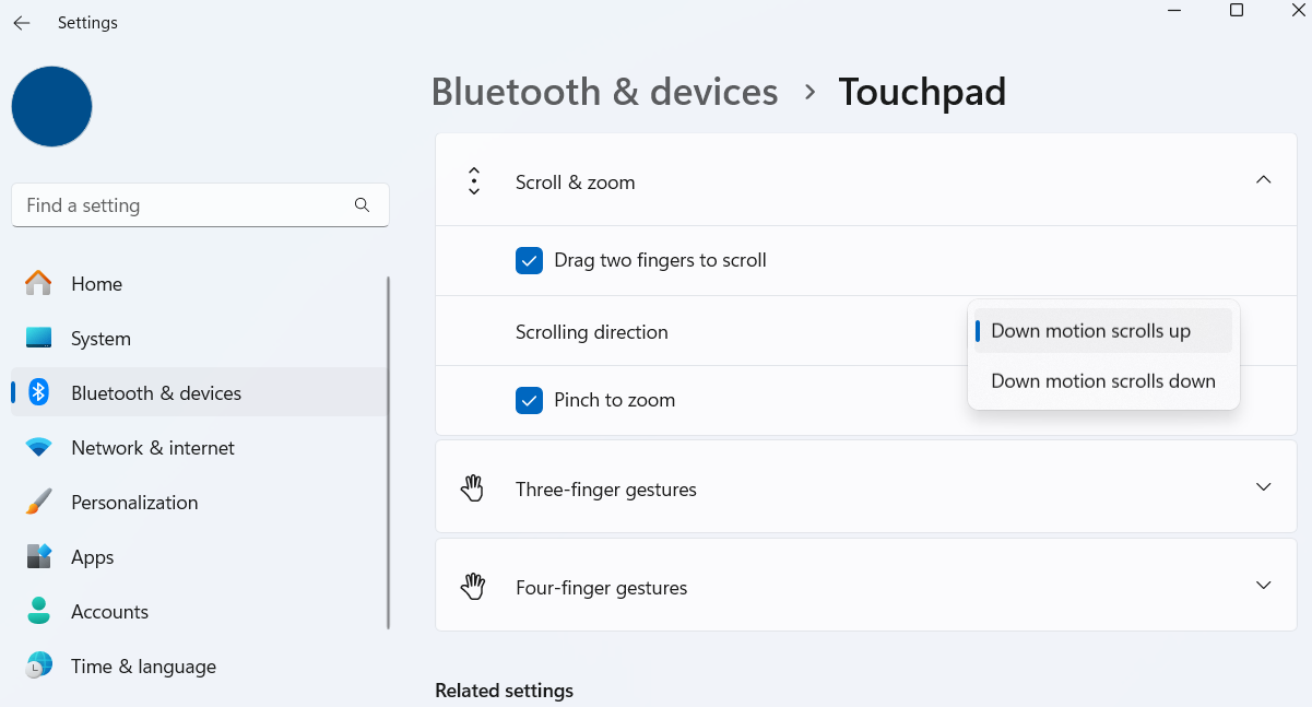 Touchpad scroll direction settings in Windows 11