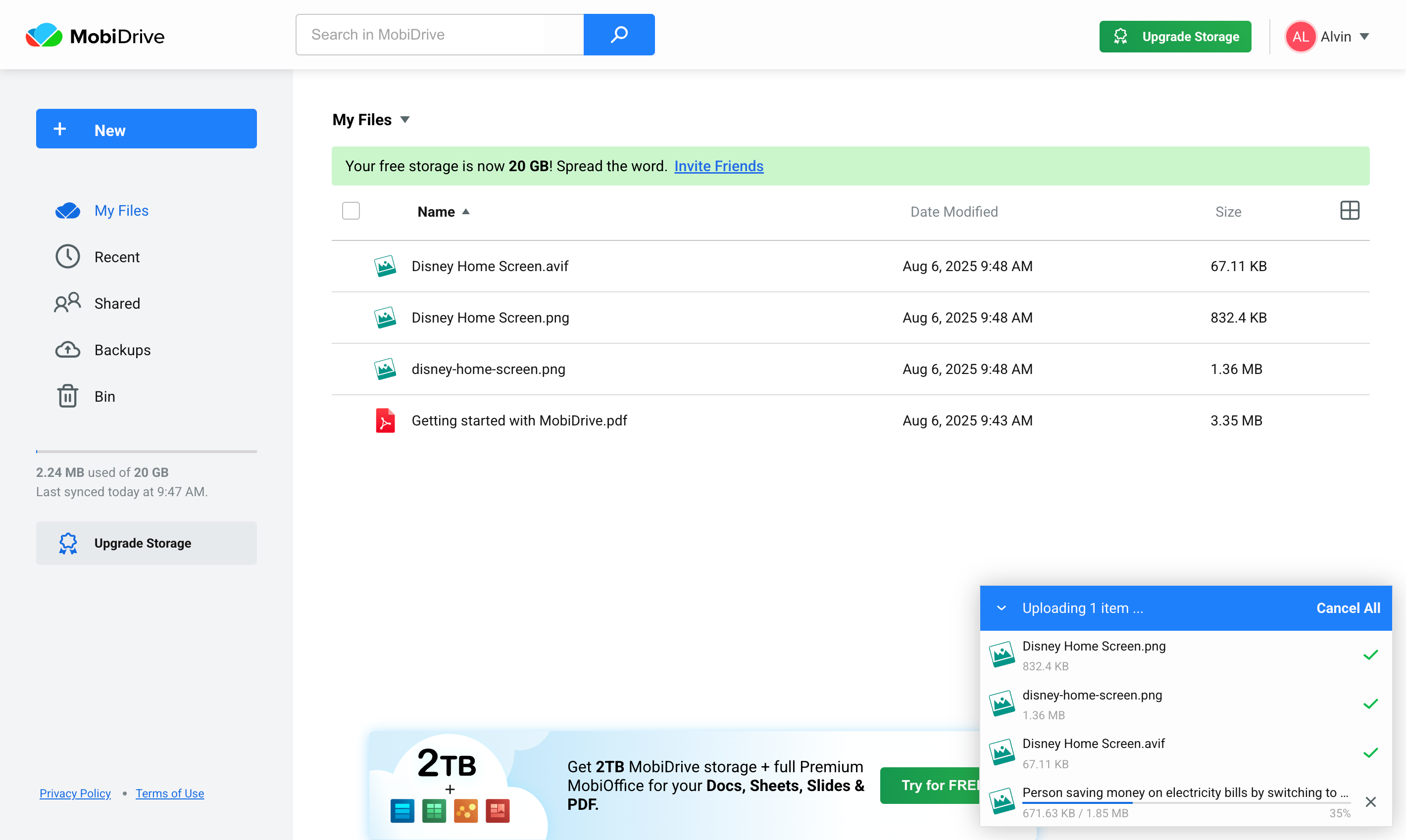 Uploading files to MobiDrive via the web