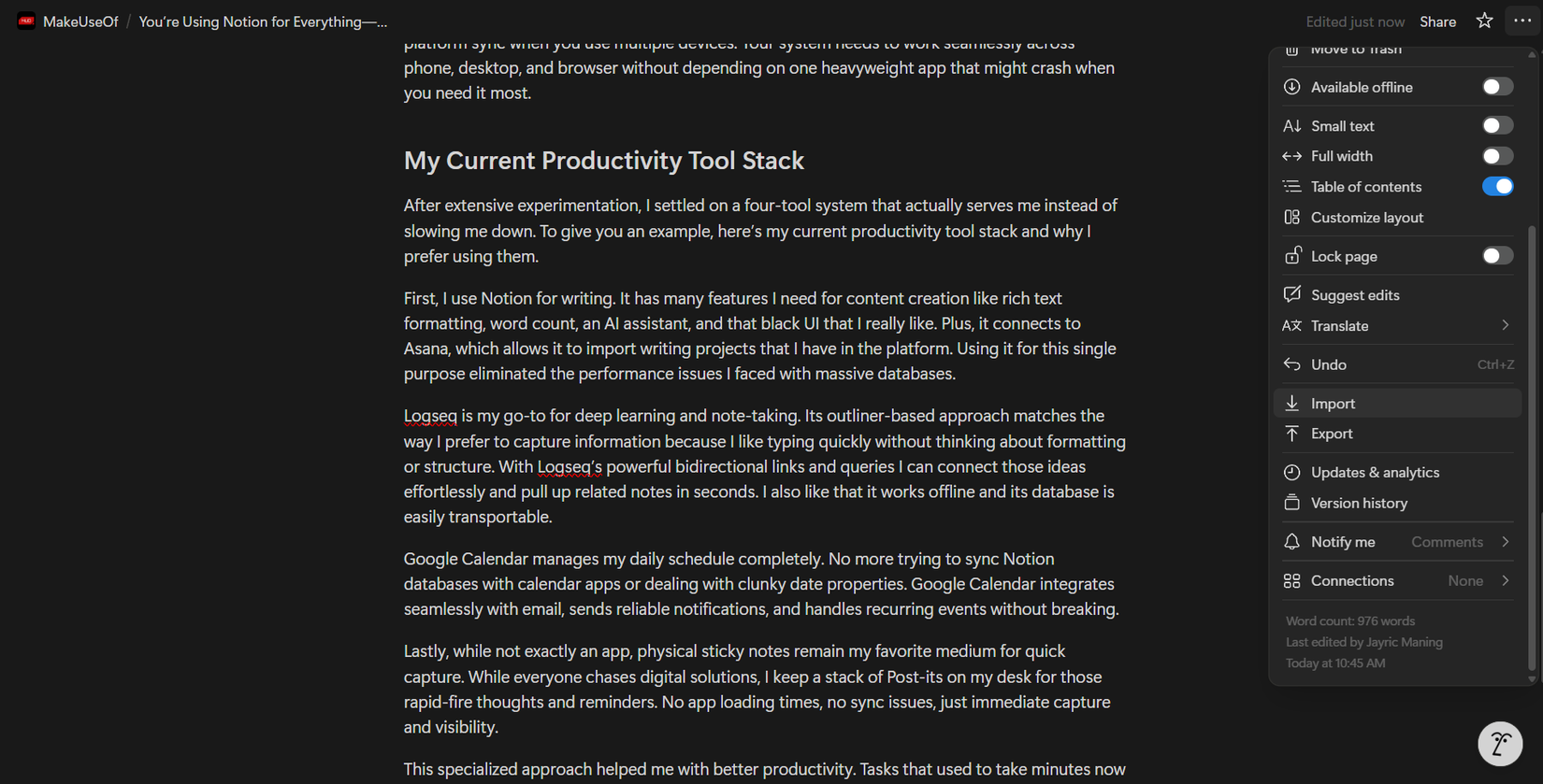 Me using Notion for writing