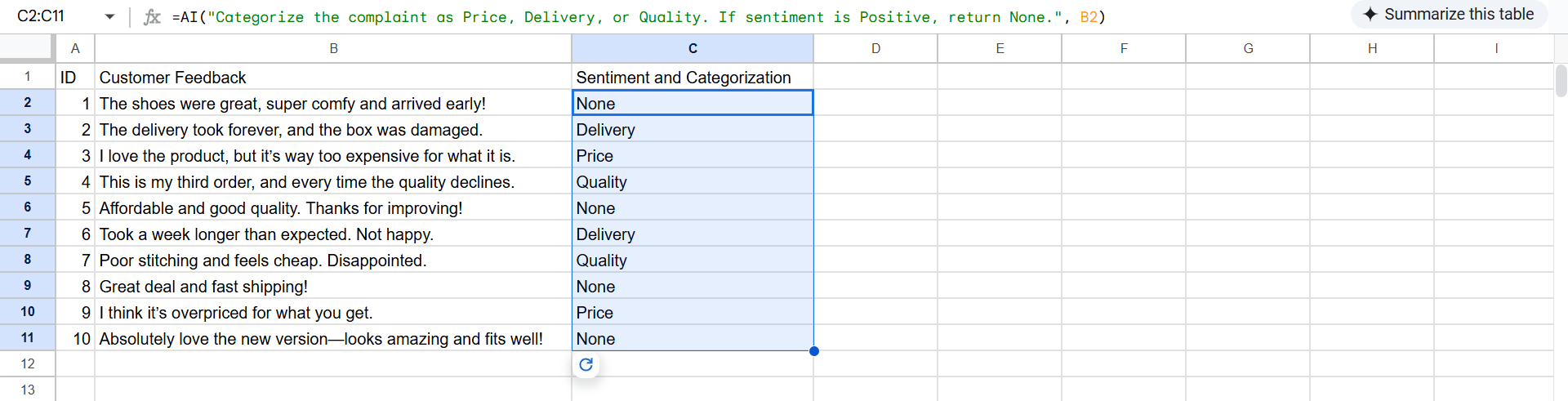 Using the AI function in Google Sheet to determine customer feedback sentiment and catgeorize responses