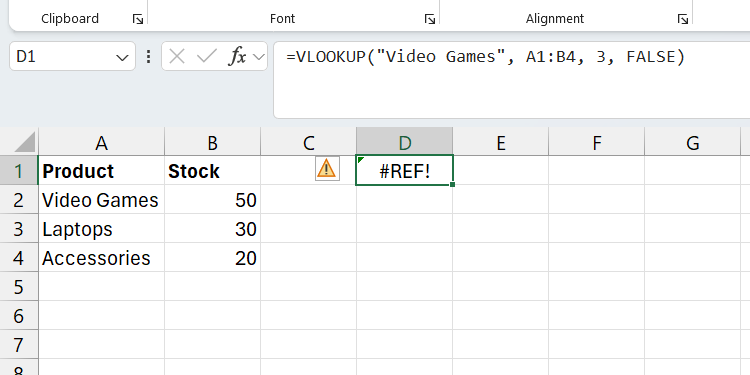 A VLOOKUP reference error in Excel.