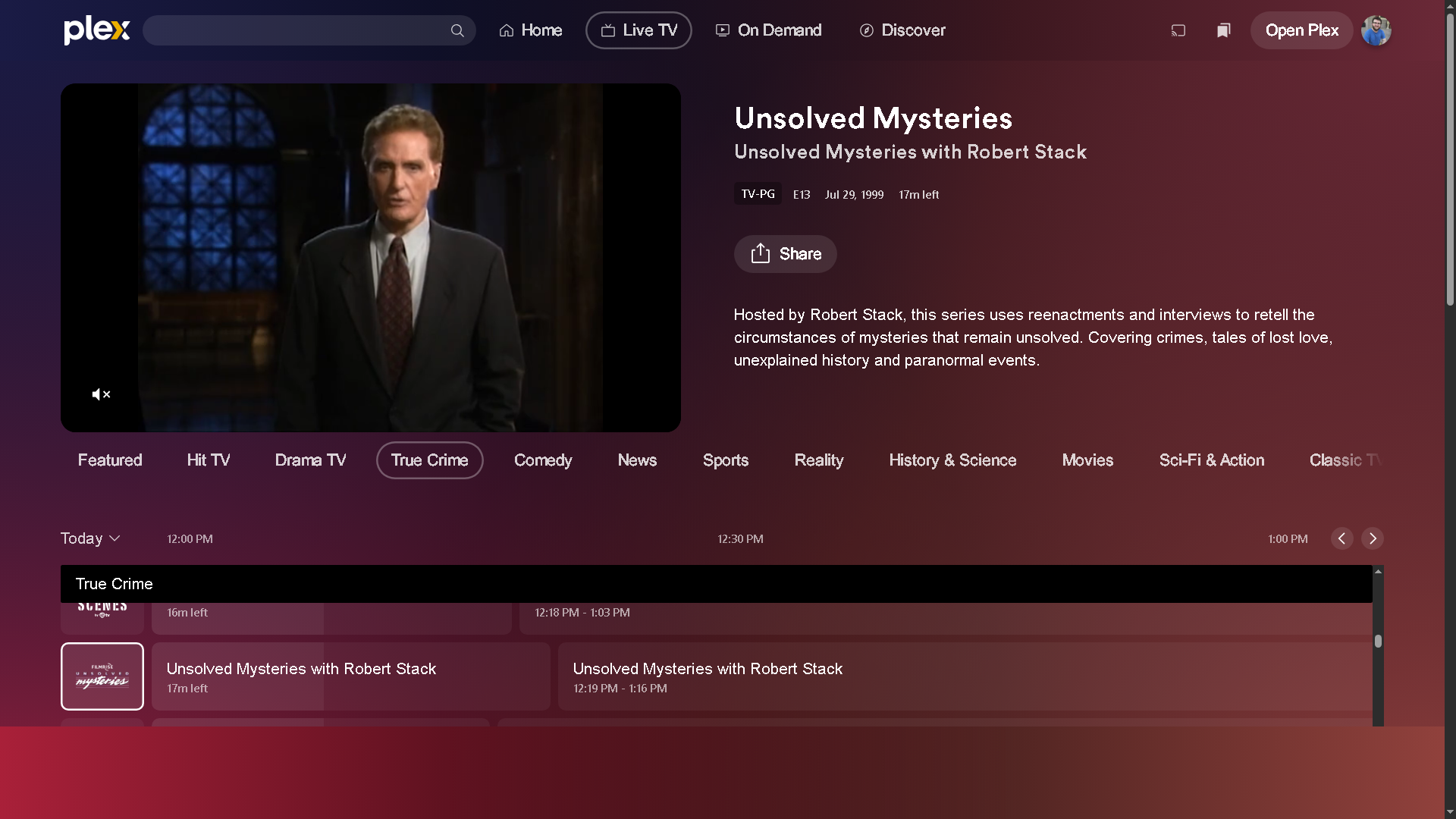 Watching Unsolved Mysteries with Robert Stack on Plex