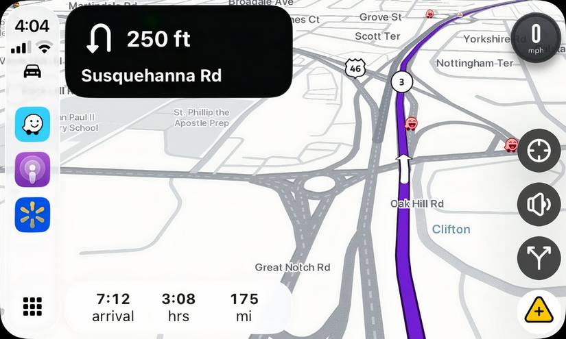 A screenshot showing the Waze app on Apple CarPlay.