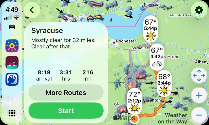 Tthe Weather on the Way app on CarPlay.