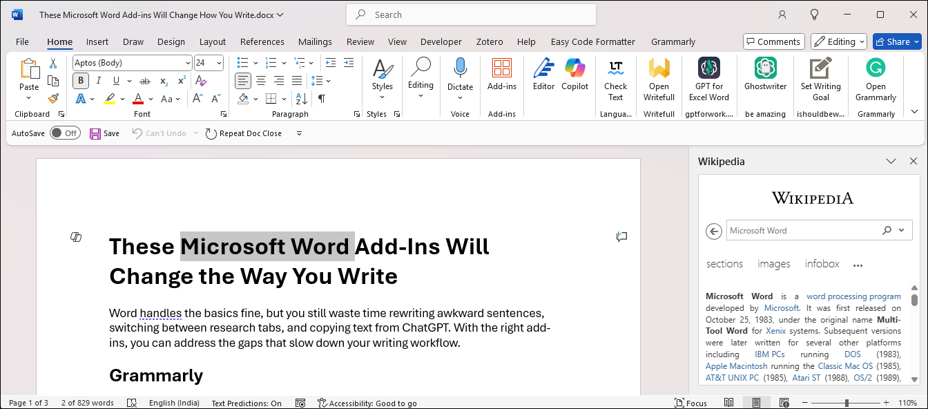 Wikipeda add-in in Microsoft Word