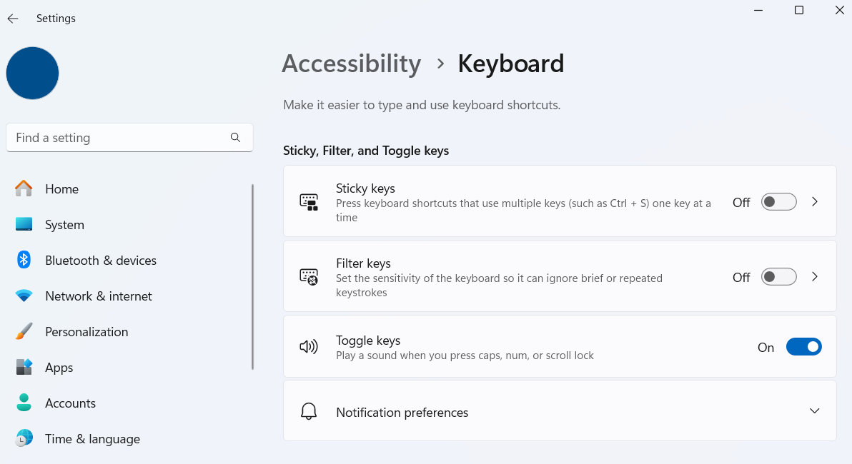 Windows 11 keyboard accessibility settings
