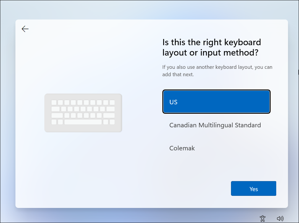 Windows 11 set up screen with an option to select the keyboard language