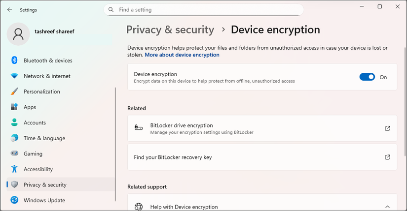 Windows 11 settings app showing device encryption enabled