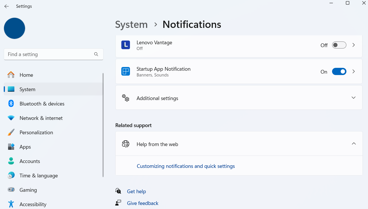Windows 11 Settings app showing startup app notification toggle
