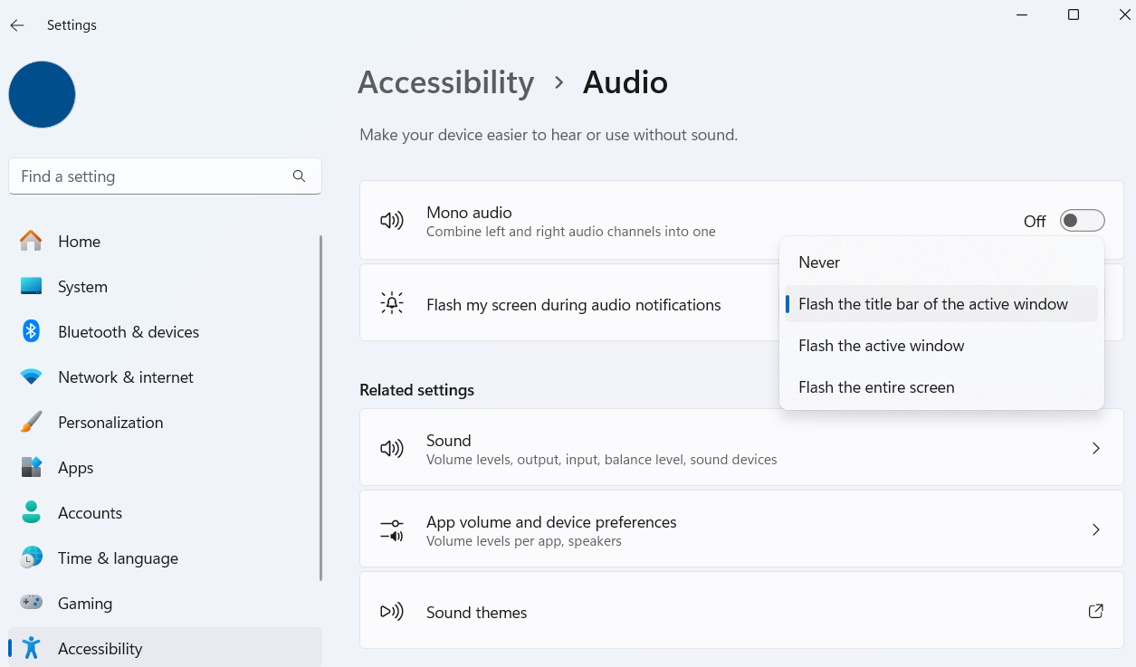 Windows 11 settings app showing visual notification option