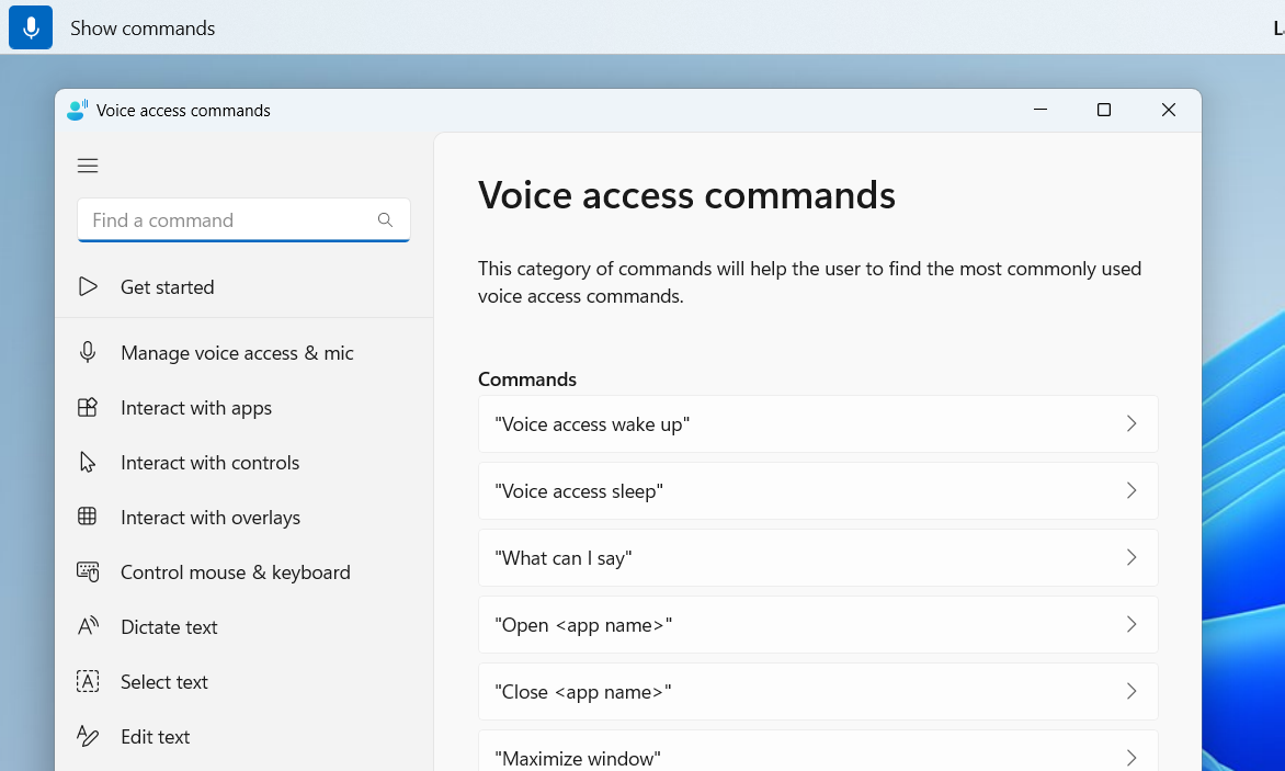 Windows 11 voice commands list on desktop