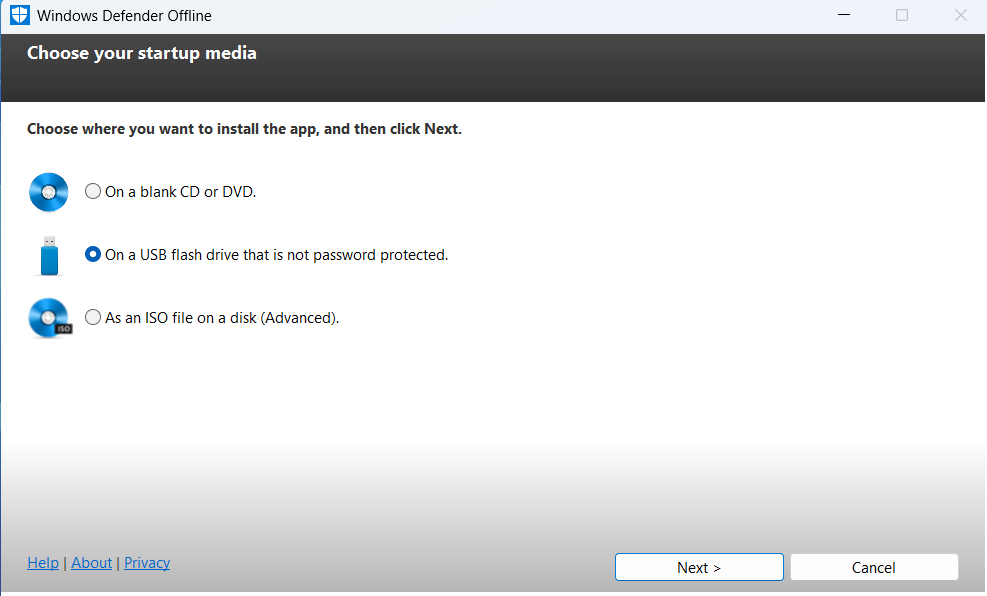 Windows Defender Offline scan window