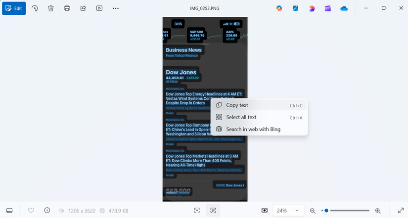 Windows Photos app scanning text from a screenshot