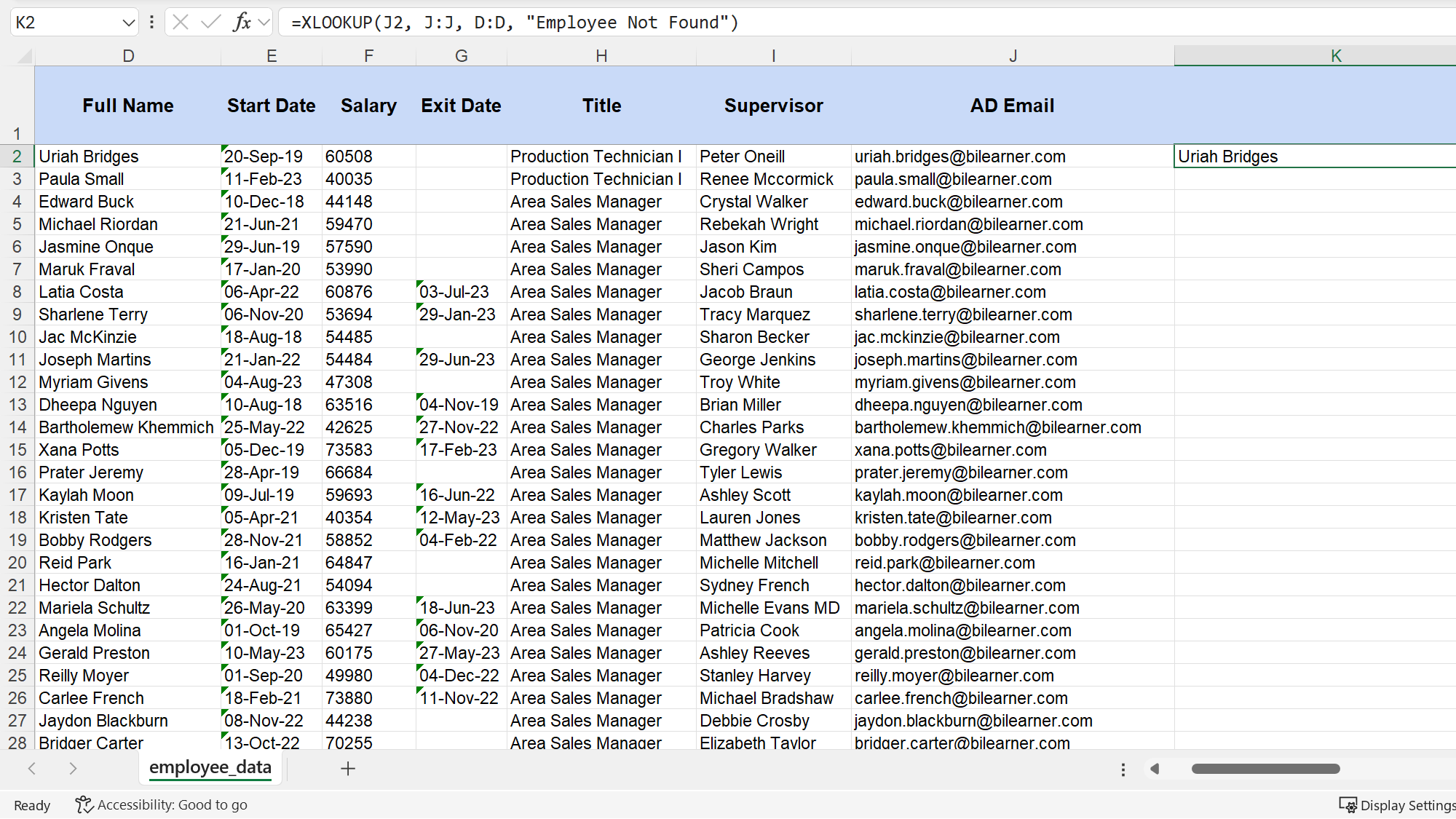 XLOOKUP function in Microsoft Excel showing employee name against their email